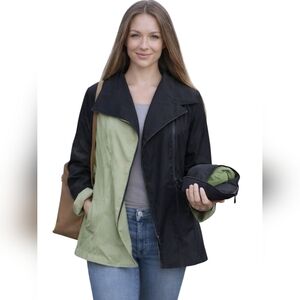 Janska Reversible Rain Jacket Windbreaker Black Green Packable Sz M